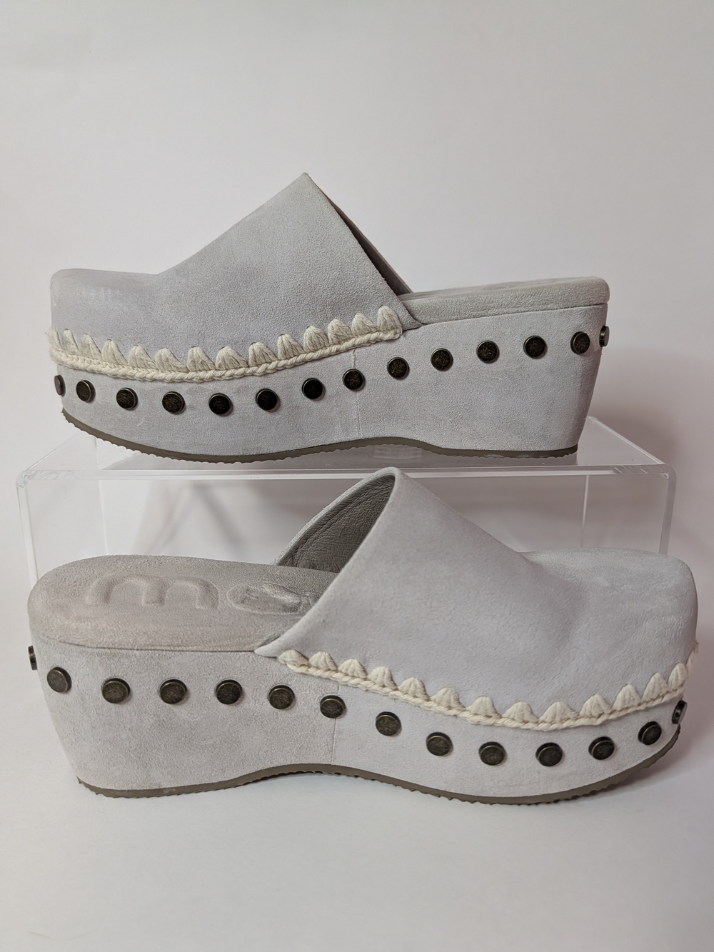 MOU Chalk Suede Studded Platform Clog Mules Embroidered Trim EU 40/ US 10
